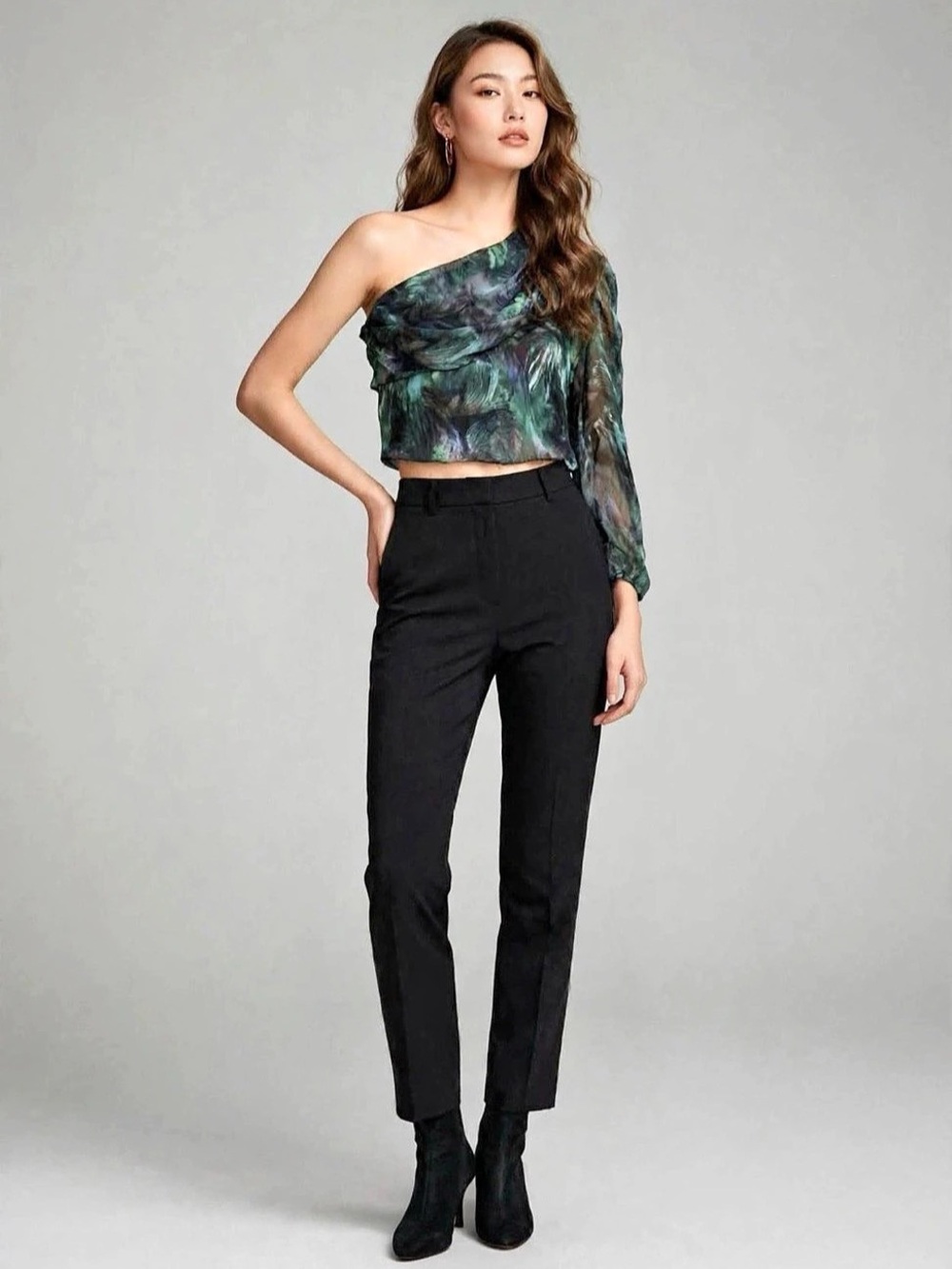 Amanda Uprichard Abstract One-Shoulder Crop Top in Green & Black Size Small